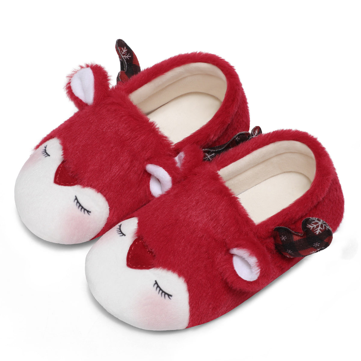 JOINFREE Toddler Boys Girls Slippers Kids Cartoon Plush Barefoot Shoes Indoor ReindeerRed