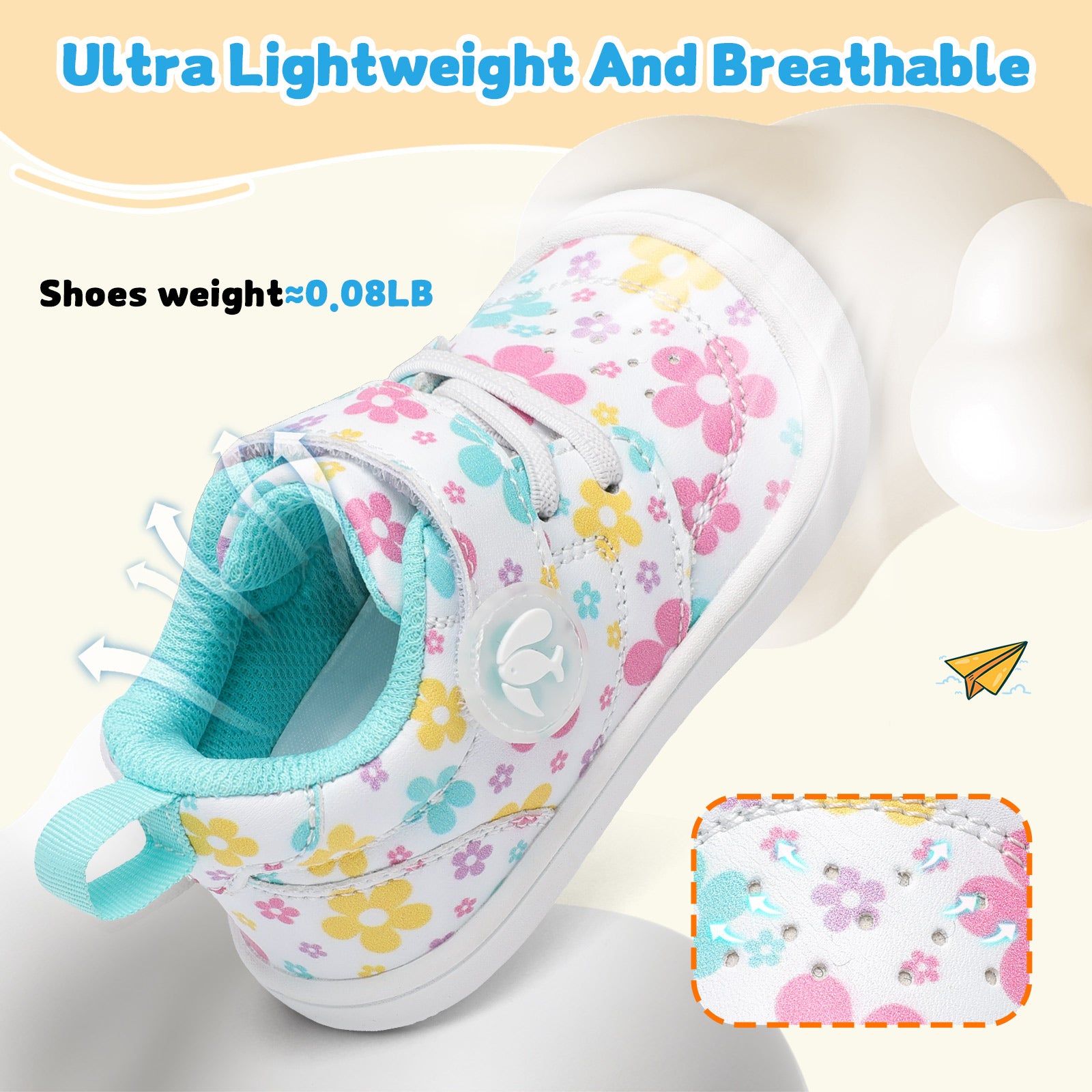JOINFREE Baby Shoes Girls Boys Wide Barefoot Sneakers White Flowers