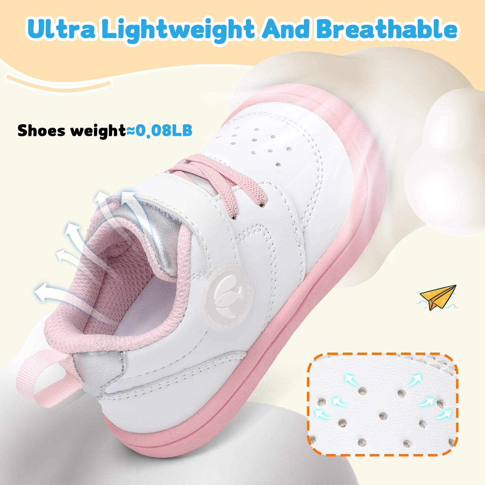 JOINFREE Baby Shoes Girls Boys Wide Barefoot Sneakers White Pink
